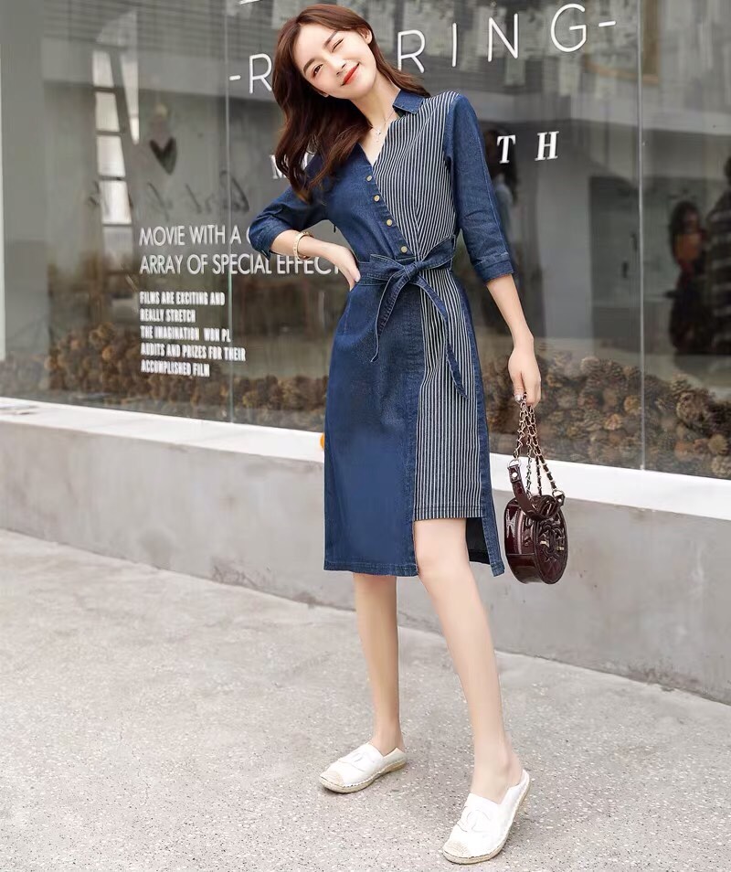 ĐẦM JEAN CỔ SƠ MI PHỐI SỌC THẮT NƠ EO